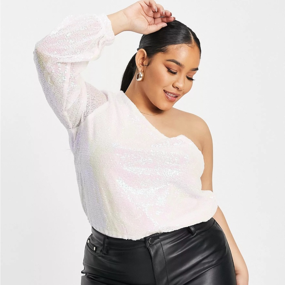 ASOS The Style Plus exclusive sequin one shoulder bodysuit in iridescent pink